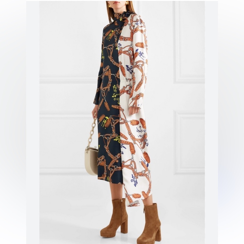Tibi Two-Panel Chain-Print Midi Dress in Black and White with Brown Accents